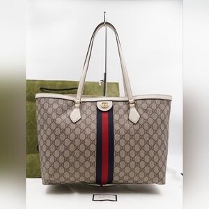 CD31 💖 Gucci GG Supreme Monogram Dollar Calfskin Web Medium Ophidia Tote